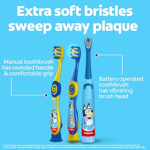 Colgate Kids Bluey Toothbrush and Kids Toothpaste Gift Set, Includes Bluey-Themed Battery Toothbrush, 2 Bubblegum Flavored Fluoride Toothpastes, and 2 Manual Toothbrushes
