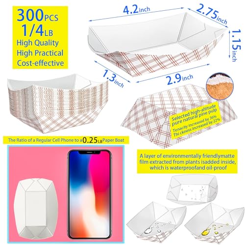 300 Pack Checkered 1/4Lb Paper Food Boat Trays Disposable Small Paper Boats Plates Containers, 0.25Lb Mini Kraft Food Serving Boat Tray Bowls for Snack Fries Dessert Popcorn Sauce Taco Nacho