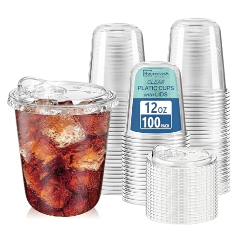 Homestockplus 100 Pack 12 oz BPA-Free Clear Plastic Cups with Sip Lids - Leak-Proof Round Bottom Disposable Iced Coffee Cups for Kids, To-Go Drinks, Smoothies, Juice & Small Portion Cold Beverages
