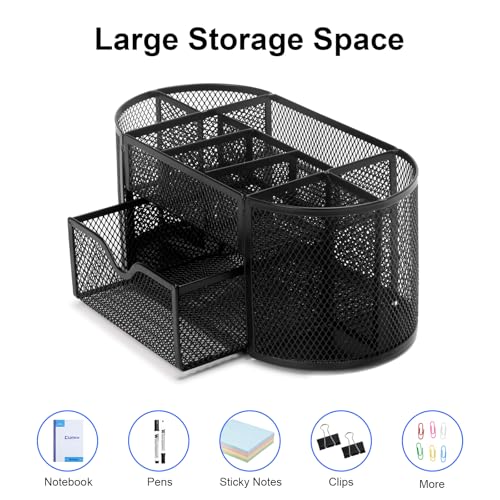 Comix Mesh Pen Pencil Holder Desk Organizer, 8 Compartment and 1 Drawer Wire Desktop Pen Pencil Cup Caddy Office Supplies Accessories for Home Office School, Black