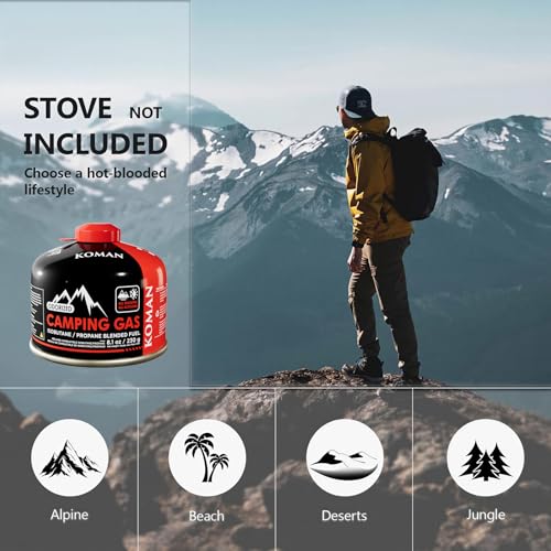 KOMAN Isobutane Fuel Canister 230 Gram Camping Stove Fuel Butane Propane Blend Camping Fuel Gas Canister Backpacking Fuel Light-Weight Compact Camping Fuel (4 Pack)