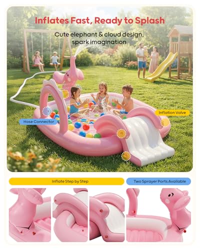 QPAU Elephant Kids Pool with Slide and Sprinkler, Inflatable Play Center with 4 Rings, 72 × 64 × 37 in, Fast Inflation Kiddie Pool for Garden & Backyard, Birthday Gift for Ages 1+ (Pink)