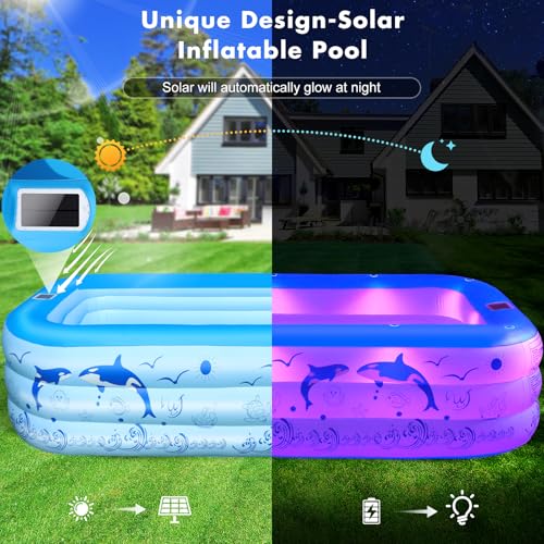 StarOcean 2026 Upgrade Inflatable Pool with Lights, Family Inflatable Swimming Pool for Kids,Adults,Blow Up Pool Solar Powered,Large Kiddie Pool,100"x63"x20"Oversized Thickened Pool for Backyard-Blue
