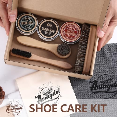 10 PCS Leather Care Kit - Horsehair Brushes,Saddle Soap,Waterproofing Wax,Mink Oil Conditioner,Polishing Cloth,Microfiber cloth,Boot Shoe Shine Cleaning Kit Gift for Men Cowboy Husband Dad
