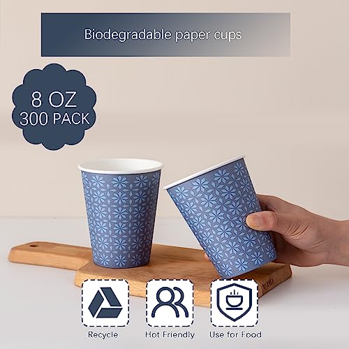 Clawsoff 300 Pack Paper Cups 8 oz, Disposable Hot/Cold Beverage Drinking Cups, 8 OZ Paper Coffee Cups, Navy Floral Coffee Cups for Party, Picnic, Travel, and Events
