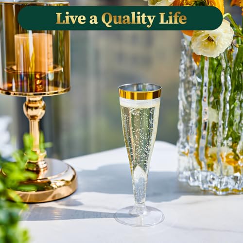 FOCUSLINE 100 Pack Plastic Champagne Flutes, 4.5 Oz Gold Rim Plastic Champagne Glasses, Disposable Clear Toasting Glasses Recyclable Champagne Cups for Wedding Party