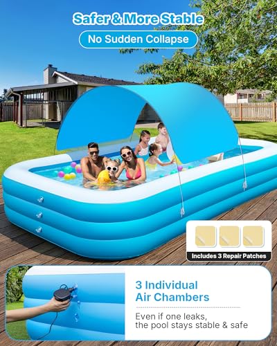 Extra Large Inflatable Pool for Adults and Kids, 145" x 74" x 22" Blow Up Pool for Family, Oversized Inflatable Pools with Canopy & Pump, Large Inflatable Swimming Pool for Backyard Outdoor