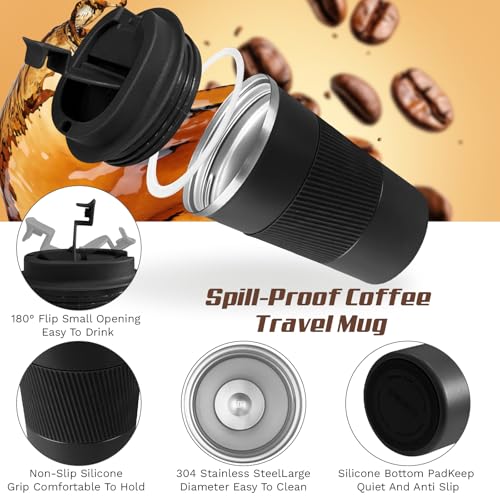 Vacuum-Insulated Stainless Steel Travel Coffee Mug, Leak-Proof Reusable Coffee Cup with Lid - Keep Hot & Cold Drinks for Hours, Durable Insulated Tumbler for Men & Women(3rd-Black, 12OZ)