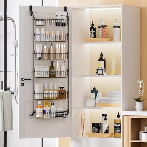 Delamu Over the Door Pantry Organizer, 6-Tier Metal Pantry Door Organization and Storage, Hanging Kitchen Basket Spice Rack Seasoning Shelves