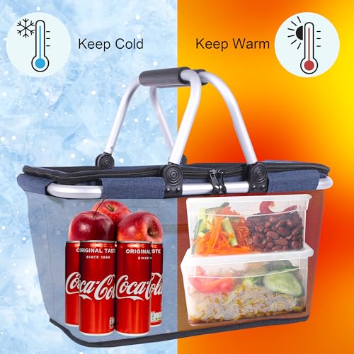 Picnic Basket, SIYUAN Collapsible Shopping Basket with Lid 27L Large Market Basket with Handles Reusable Folding Grocery Basket Insulated Cooler Bag for Picnic Travel, Blue