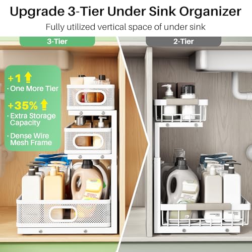 Kitstorack Under Sink Organizer, 2-Pack 3-Tier Height Adjustable Thickened Metal Pull out Cabinet Organizer Shelf
