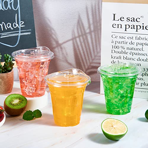 100 Pack 12 oz Clear Plastic Cups With Strawless Sip Lids, Disposable Plastic Cups With Sip Through Lids for Ice Coffee, Smoothie, Slurpee