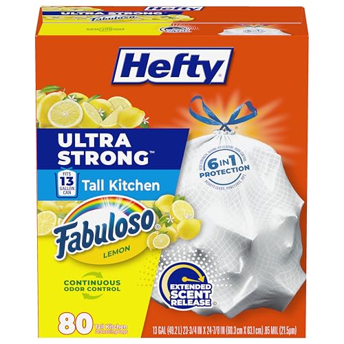 Hefty Ultra Strong 13 Gallon Trash Bags, Tall Kitchen Trash Bags 13 Gallon Size, Resist Leaks, Punctures, and Rips, Continuous Odor Control, White, Fabuloso Lemon Scent, 80 Bags