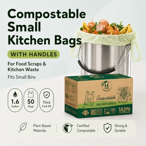 UNNI 1.6 Gallon Compostable Trash Bags with Tie Handles, 50 Count Small Food Scrap Kitchen Compost Bags for Countertop Bin, Certified by BPI, CMA & OK compost HOME, Meets ASTM D6400