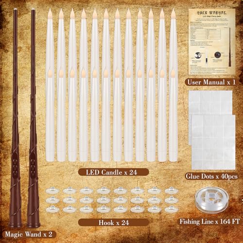 24 Pcs Halloween LED Magic Hanging Floating Candles, Taper Flickering Flameless with 2 Magic Wands - Candle Set for Halloween, Christmas, Weddings