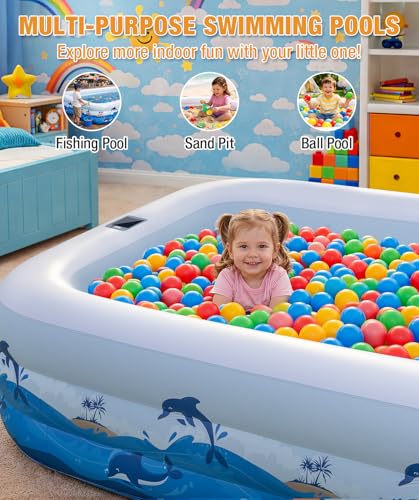 Extra Large Inflatable Pool with Lights - 145" x 74" x 22" Swimming Pool for Adults with Solar Powered, Blow Up Pool for Backyard (Air Pump Not Included)