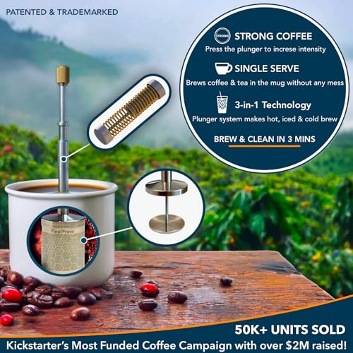 FinalPress Original Coffee & Tea Maker – Portable Stainless Steel Micro French Press – Patented 3-in-1 Technology for Hot, Iced & Cold Brew – Perfect for Home, Camping & Travel