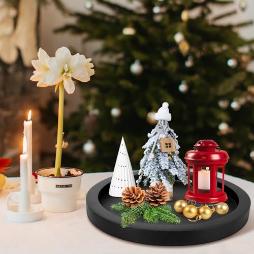 Rustic Decorative Wooden Serving Tray Home Decor Round Ottoman Coffee Table Trays Farmhouse Living Room Dinner Table Centerpiece Accessories Wood Candle Holder Tray for Kitchen Counter Bathroom Vanity