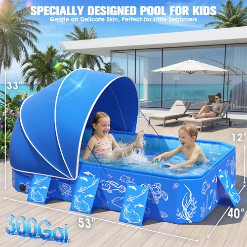 FizZeal Kiddie Pool with Canopy,Baby Swimming Pool for Toddler,Non-Inflatable Portable Pool for Kid,Foldable Toddler Pool with Shade,Kids Pool for Backyard.Outdoor Pop Up Kiddie Beach Pool 53"x40"x33'