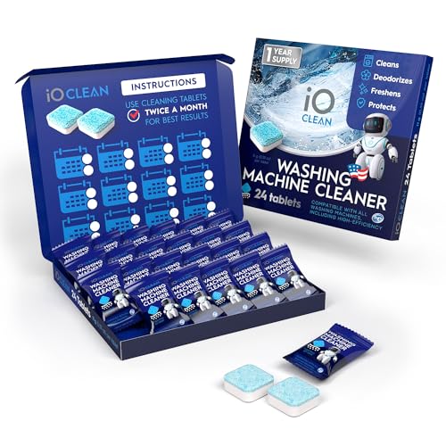 iO CLEAN Washing Machine Cleaner Descaler Tablets, 24 Count (1 Year Supply) – Deep Clean Washer Cleaner Tablets for HE Front Load & Top Load – Unscented Washing Machine Descaler for Odor Control