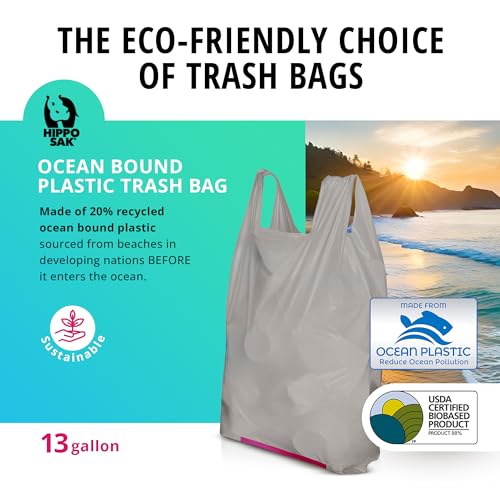 Hippo Sak - Tall Kitchen Garbage Bags with Ergonomic Handles - 13 Gallon Trash Bags Made from Recycled Ocean Bound Plastic - Super Strong and Leak Proof Tall Kitchen Trash Bags (90 Count)