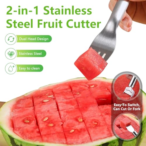 2-in-1 Stainless Steel Fruit Cutter, Watermelon Fork Slicer Tool, Dual Head Watermelon Slicer and Fork for Fruit Cubes, Kitchen Fruit Cutting Tool (1Pack, A)