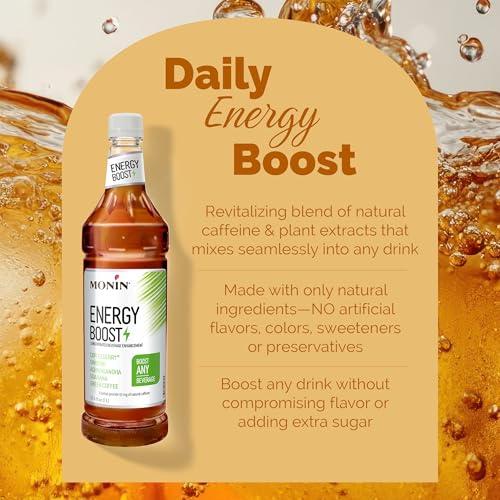 Monin - Energy Boost, Liquid Energy, Subtle Tea Flavor, Zero Added Sugar, Great for Coffee, Soda, & More, Low-Calorie, Contains Natural Caffeine, Gluten-Free, Clean Label (1 Liter + Pump)