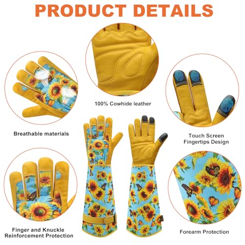 DLY Gardening Gloves for Women, Rose Gloves Gardening Thorn Proof, Long Garden Gloves for Women, Breathable Cowhide Leather Gauntlet (Medium, Blue)