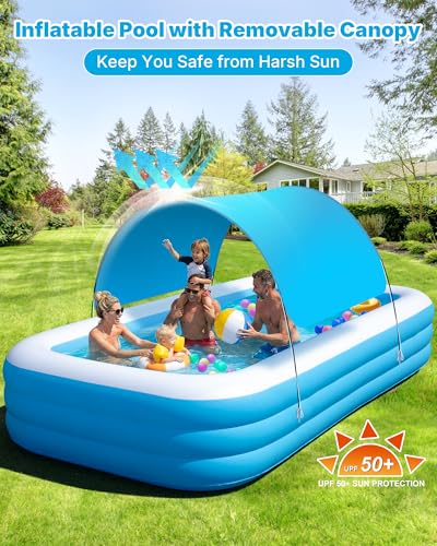 Extra Large Inflatable Pool for Adults and Kids, 145" x 74" x 22" Blow Up Pool for Family, Oversized Inflatable Pools with Canopy & Pump, Large Inflatable Swimming Pool for Backyard Outdoor