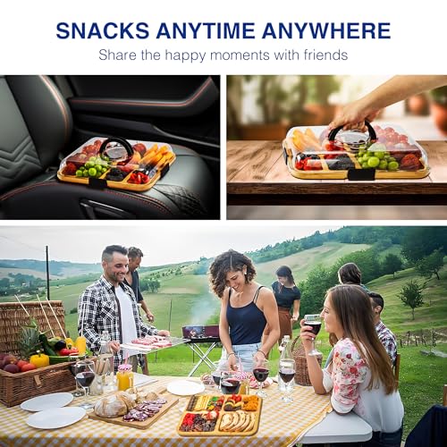 Charcuterie Board with Clear Lid, Portable 6-Compartment Cheese & Snack Tray, Reversible Bamboo Cutting Board, Secure Latch Closure for Picnics, Parties & Light Travel, Housewarming Gift