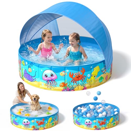 Foldable Kiddie Pool with Canopy 47IN Toddler Baby Pool with Detachable UPF 50+ Shade, Carry Bag Hard Plastic Foldable Swimming Pool Portable Summer Water Play Pool for Outdoor Backyard Beach