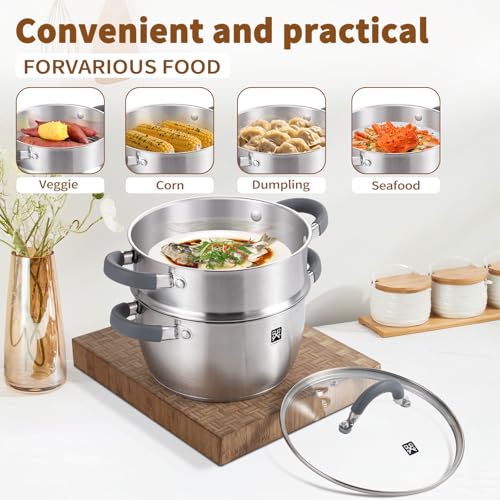 GOLDEN KEY 3.2 QT Steamer Pot With Lid - 2-Tier 18/8 Stainless Steel,Multipurpose Steaming Cookware with Vegetable Steam Basket, Oven & Dishwasher Safe, Triple Bottom for Even Heating, Perfect for Dumplings, Seafood and Vegetables