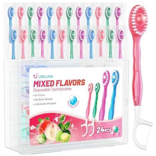 24 Pack 5-in-1 Disposable Toothbrushes with Toothpaste, Floss, Pick & Tongue Scraper, Portable Mini Toothbrush Travel Set for Kids Adults, Individually Wrapped, Work Camping, Mixed Flavor