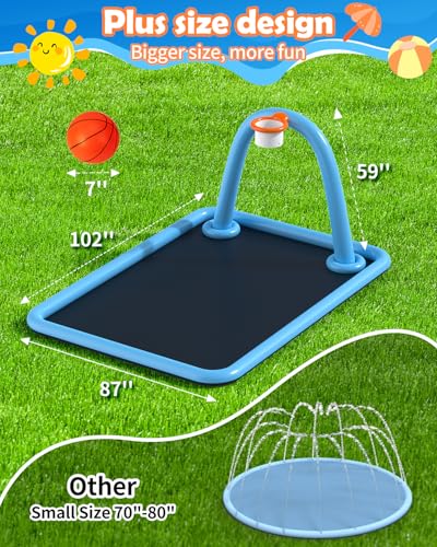 Splash Pad for Kids & Dogs, Large Sprinkler Pad Water Toys with Basketball Hoop, Thickened Non-Slip Splash Mat, Foldable Play Pool & Outdoor Summer Toys Ages 4-12 (102" Splash Pad)