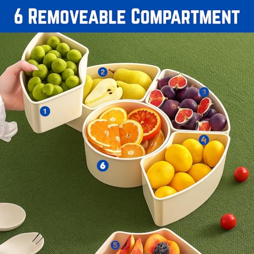 2 Pack Rotating Snackle Box Container with Lid and Handle | 6 Compartments Round Lazy Susan 360° Divided Serving Tray, Portable Clear Organizer for Fruit, Candy, Veggies, Charcuterie, Party & Picnic