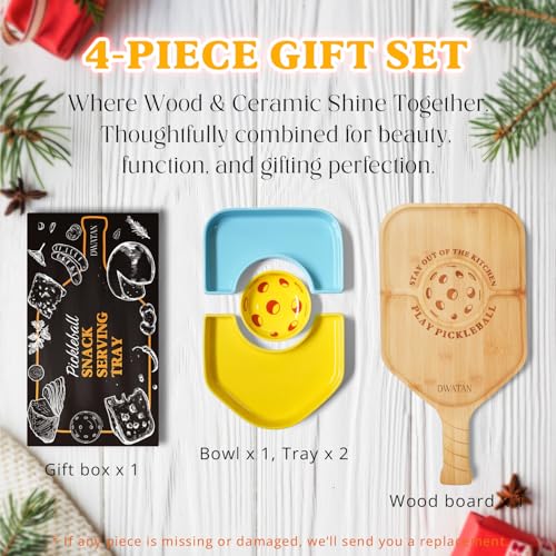 Pickleball Paddle Snack Tray Set, Ceramic Serving Plates with Bamboo Charcuterie Board, Paddle Appetizer Platter for Parties, Unique Pickleball Mothers Day Gifts for Mom