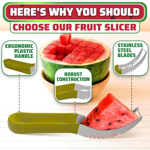Watermelon Cutter Slicer Tool - Stainless Steel Watermelon Slicer Cutter Tool, Dishwasher Safe, Ergonomic Handle, Rust-Resistant - Curved Shape and Rounded Edges for Safe, Easy Slicing & Serving