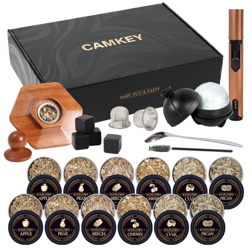 23Pcs Whiskey Cocktail Smoker Kit with Torch, 6 Flavors 12 Packs Wood Chips, Ice Ball Mold, Old Fashioned Drink Smoker, Bourbon Whiskey Gifts for Men, Husband, Dad, Him (No Butane)