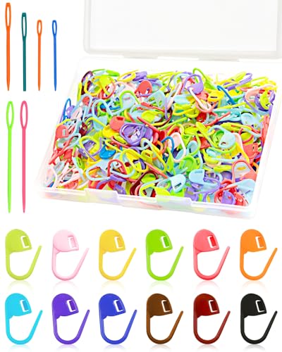 300pcs Fiveizero Stitch Markers with 6 pieces of large blunt sewing needles, colorful knitting markers, plastic crochet hook clip