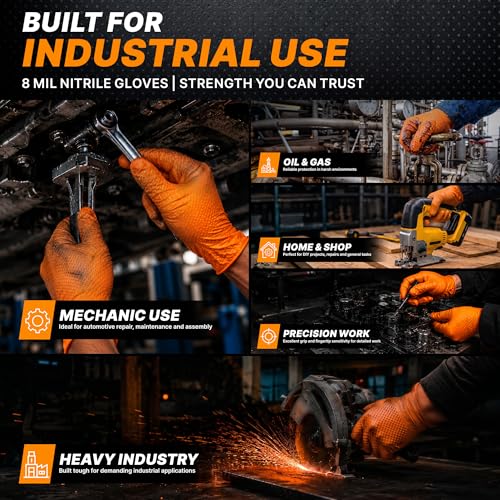 TitanFlex Heavy Duty Orange Industrial Nitrile Gloves with Raised Diamond Texture, Latex Free (6mil/8mil)