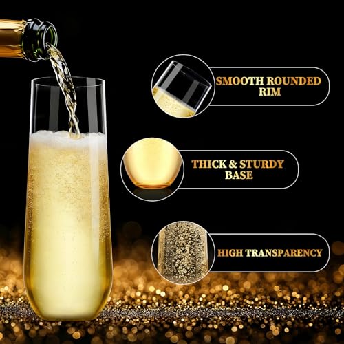 Guanqiao 12 Pack Stemless Plastic Champagne Flutes, 9 oz Clear Disposable Plastic Glasses, Heavy Duty Shatterproof Recyclable Mimosa Glasses for Party Wine Tasting Wedding New Years Eve Party Supplies