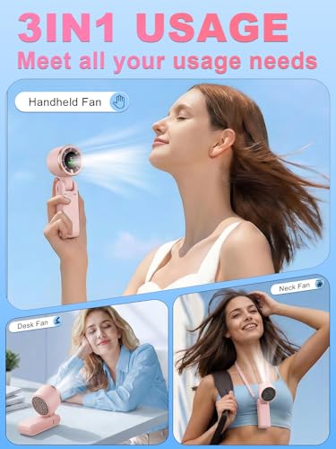 Portable Handheld Turbo Fan, 5 Gear Wind, Battery Operated, Up to 13 Working Hours Rechargeable Fan, 3 IN 1 Hand Fans with Air Turbo Tech Cooling Fan for for Travel, Beach, Outdoor - Pink