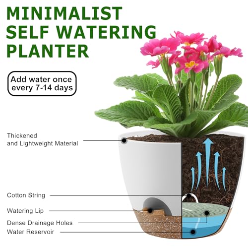 Plant Pots 10/9/8/7.5/7 Inch Self Watering Pots, Set of 5 Plastic Planters with Drainage Holes and Saucers,Plastic Flower Pots,Nursery Planting Pot for Indoor Out Door Plants(White)