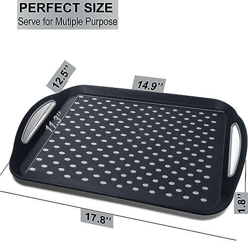 Large Nonslip Serving Tray with Handles, Silicone Grippy Dots Lap Food Trays for Eating, Dishwasher Safe Serve for Breakfast Dinner Snack Fruit Appetizers Beverage, Rectangular, Set of 2, Black