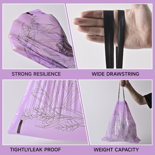 Lavender Scented Small Garbage Bags,Trash Bags 4 gallon Drawstring For Bathroom,Office,Bedroom,Car,Suitable for 2-4 gallon trash can,colorful Print,purple,50 Counts