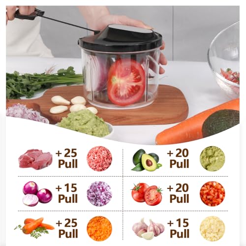 LHS Manual Food Processor Large Vegetable Chopper, 1000ML Pull String Chopper Garlic Mincer Onion Cutter for Veggies,Salad,Fruits, Nuts, BPA Free, Black