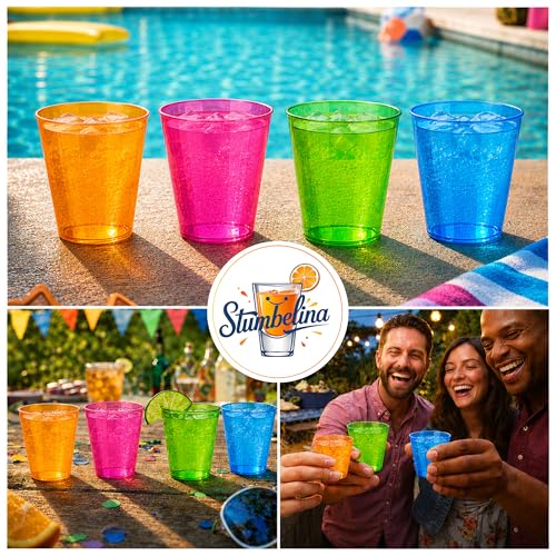 Stumbelina 100 COUNT (1 oz) NEON PLASTIC SHOT GLASS CUPS | BRIGHT MULTI-COLOR Variety Pack | Disposable Party Mini Cups | Perfect for Jello Shots, Dessert Shooters, Parties, Weddings, Bars