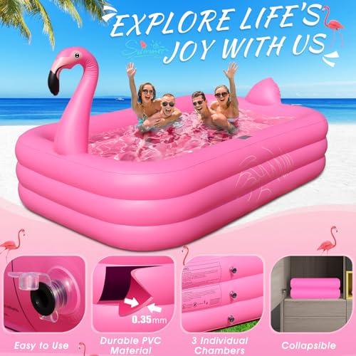 Inflatable Pool with Lights, Solar Flamingo Swimming Pool for Kids,Adults Inflatable Blow up Pool, Large Kiddie Pool,Durable Thickened Kids Pool for Backyard,Outdoor,100"X63"X20"-Bright Pink