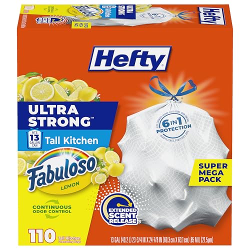 Hefty Ultra Strong 13 Gallon Trash Bags, Tall Kitchen Trash Bags 13 Gallon Size, Resist Leaks, Punctures, and Rips, Continuous Odor Control, White, Fabuloso Lemon Scent, 110 Bags