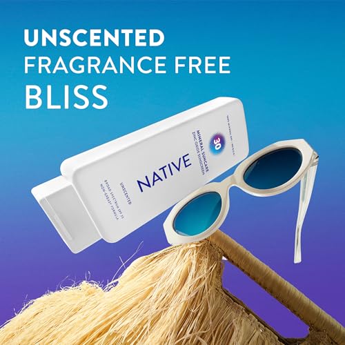 Native Mineral Sunscreen Lotion SPF 30, Unscented, with 100% Mineral Zinc Oxide for Face & Body, Hawaii Compliant, Vegan, No White Cast - 7 oz